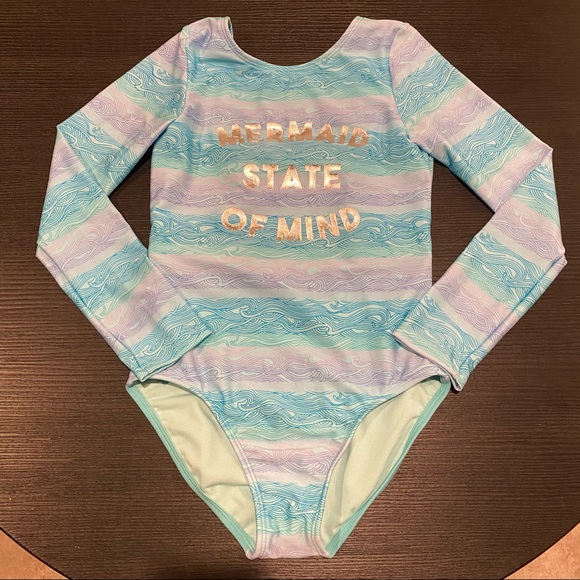 Girls' Long Sleeve Wave Stripe One Piece Swimsuit - Picture 2 of 8